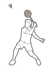 Badminton male player action with racket and shuttlecock cartoon graphic vector.