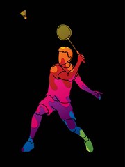 Badminton male player action with racket and shuttlecock cartoon graphic vector.