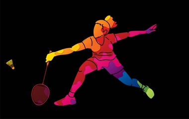 Badminton female player action with racket and shuttlecock cartoon graphic vector.