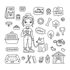 Cute girl with a dog for a walk. Icons of objects, accessories for dogs. Vector set on white background