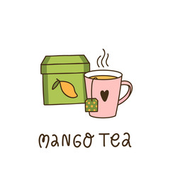A mug of tea and a box of mango tea. It can be used for menu, banner, poster and other marketing materials. Vector Image.