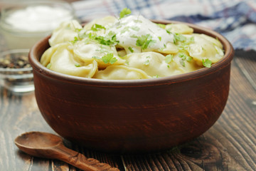 A ceramic bowl with freshly cooked Russian vareniki with mashed potato