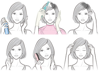 ヘアケアをしている女性のイラスト