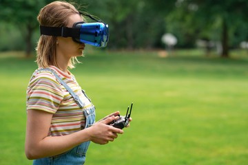 control with vr points in a quadrocopter in the park. concept of new technologies