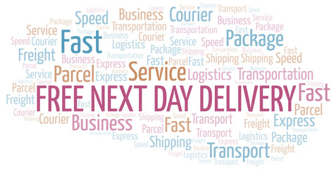 Obraz premium Free Next Day Delivery word cloud. Wordcloud made with text only.