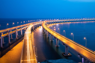 Night view of the sea bridge in Dalian, China