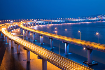 Night view of the sea bridge in Dalian, China