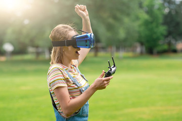 control with vr points in a quadrocopter in the park. concept of new technologies