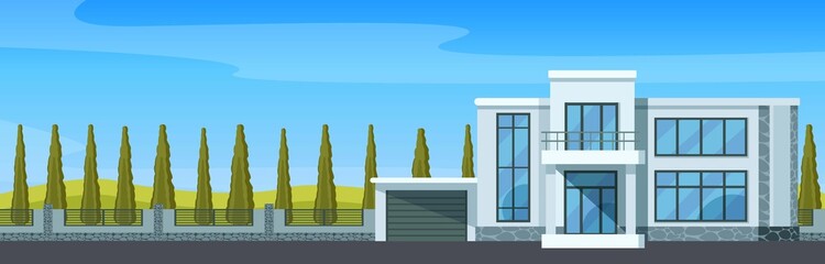 Vector illustration with a modern suburban house with the garage and stone fence.Modern Cottage House Exterior.  Flat Vector Illustration.