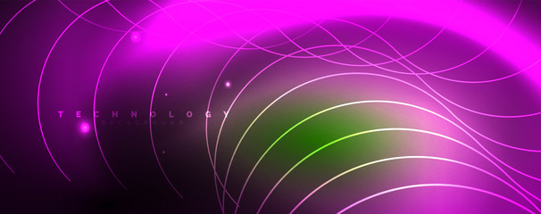 Shiny neon lines template - northern lights glowing blur lines. Futuristic style glow neon 80s disco club or night party techno template