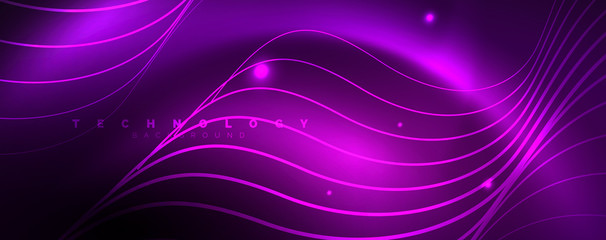 Shiny neon lights, dark abstract background with blurred magic neon light curved lines