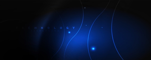 Dark abstract background with bright color neon lights and lines. Glowing background