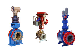 three modern shut-off valve with automatic and manual control for a gas pipeline isolated on white...