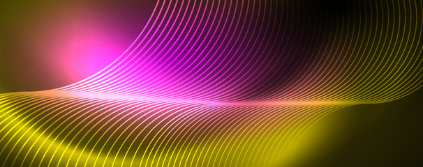 Bright neon circles and wave lines, glowing shiny background design template, digital techno concept.