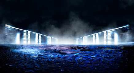 Dark empty scene, blue neon searchlight light, wet asphalt, smoke, night view, rays.