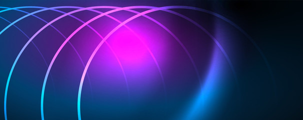 Trendy neon blue abstract design with waves and circles. Neon light glowing effect. Abstract digital background.