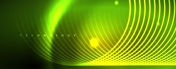 Fototapeta na wymiar Bright neon circles and wave lines, glowing shiny background design template, digital techno concept.