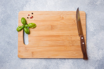 empty wooden cutting board on kitchen table. Top view copy space