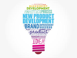 New product development light bulb word cloud collage, business concept background