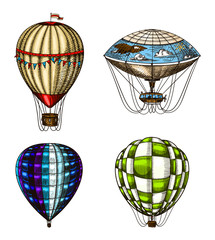Fototapeta premium Hot Air Balloons. Vector retro flying airships with decorative elements. Template transport for Romantic logo. Hand drawn Engraved vintage sketch.