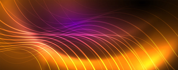 Shiny neon lights, dark abstract background with blurred magic neon light curved lines