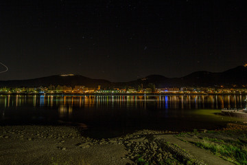 Town behind a river at night