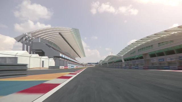 POV shot of a formula one race car driving along the homestretch over the finish line - realistic high quality 3d animation - my own car design - no copyright/trademark infringement