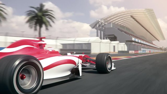 Generic formula one race car driving along the homestretch over the finish line - side view camera - realistic high quality 3d animation - my own car design - no copyright/trademark infringement
