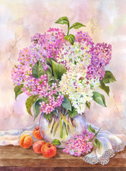 Watercolor still life with bouquet of lilac and apricots on the wooden table. Beautiful, elegant vintage-style picture suitable for printing posters, postcards, etc.