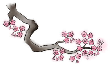 Imitation of ink and watercolour painted branches in black and white with pink blossoms.