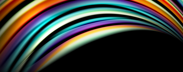 Fluid color rainbow style wave abstract background, techno modern design on black