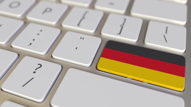 Key with flag of Great Britain on the keyboard switches to key with flag of Germany, translation or relocation related animation