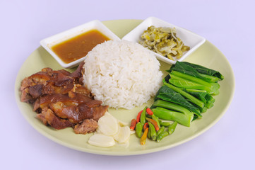 Rice with pork legs,Thai food on white background