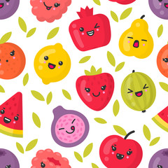 Cute smiling fruits, vector seamless pattern on white background. Best for textile, backdrop, wrapping paper