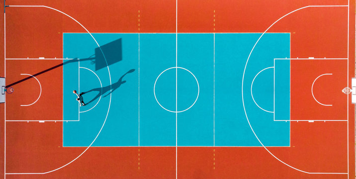 Man Play Basketball, Creative Aerial Top Down Drone View