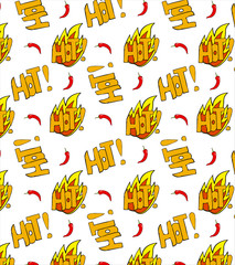 Seamless pattern with the inscription hot, red chili pepper and fire in pop art style. Pattern in yellow-red colors isolated on white background. Pattern for a cafe or spicy food. Vector illustration.