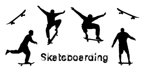 Set of black skateboarder silhouettes. Skate trick ollie. Skateboarder is rides, pushes off the ground, jumping, standing on the board. Isolated vector illustration. Grunge style textured text.