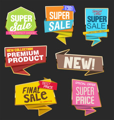 Collection of colorful sale stickers and tags