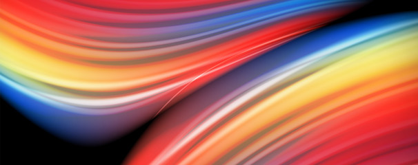 Abstract wave lines fluid rainbow style color stripes on black background. Artistic illustration for presentation, app wallpaper, banner or poster