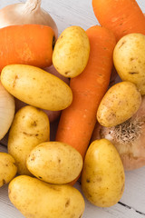 Six Golden Scottish Grown Onions, Some Potatoes and Three Carrots One of your Five a day in Healthy Eating.