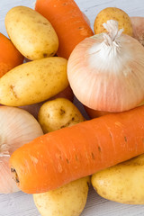 Six Golden Scottish Grown Onions, Some Potatoes and Three Carrots One of your Five a day in Healthy Eating.