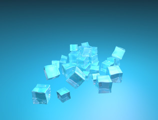 Realistic 3d ice cubes isolated on blue background. Design element for banner, poster, promo or marketing.