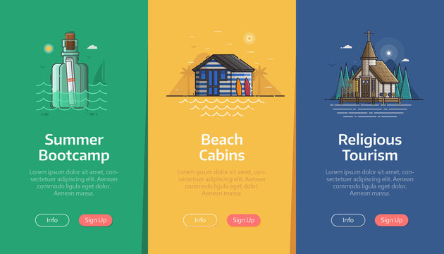 Sea vacation vertical banners for beach resort application. Summer traveling agency onboarding UI screens. Adventure on seaside coast scenes with shipwreck bottle, beach cabin and marine church.