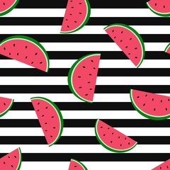 Watermelon slices fresh pattern. Cute stripe seamless background. Vector illustration.