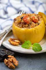 Baked apple with oatmeal and nut.