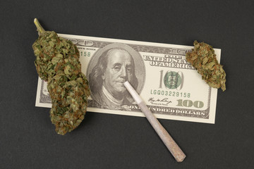 Joint on benjamin franklin bill with marijuana bud