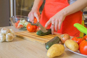 Woman hands cutting vegetables in the kitchen. Preparing dishes. Woman in kitchen preparing vegetables