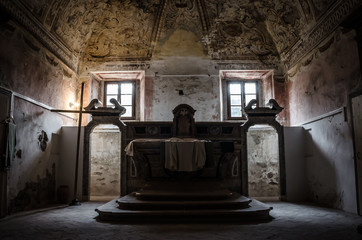Old Interior of Church in a Monastery Crypt with Altar