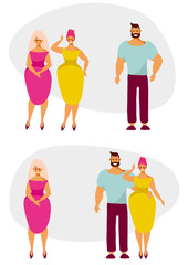 Love, date and relationship of a man and two women. Cartoon characters on a date. Vector illustration in flat style.