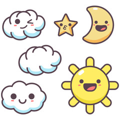 Cartoon cloud, sun, star and moon with cute emotions vector characters isolated on a white background.